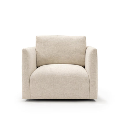 Beige upholstered custom order Thibaut club chair with minimalist modern design and clean lines