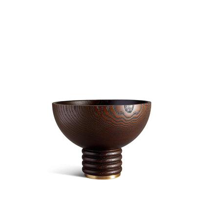 Dark brown wooden alhambra bowl with textured wood grain pattern and brass base for elegant serving and decor