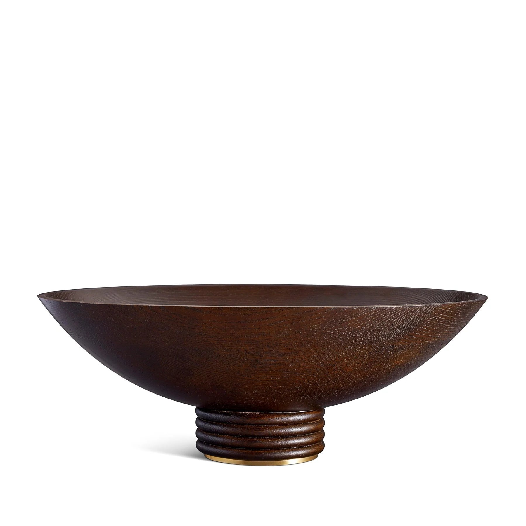 Dark brown wooden alhambra oval bowl with ribbed pedestal base and gold toned circular foot for stylish serving