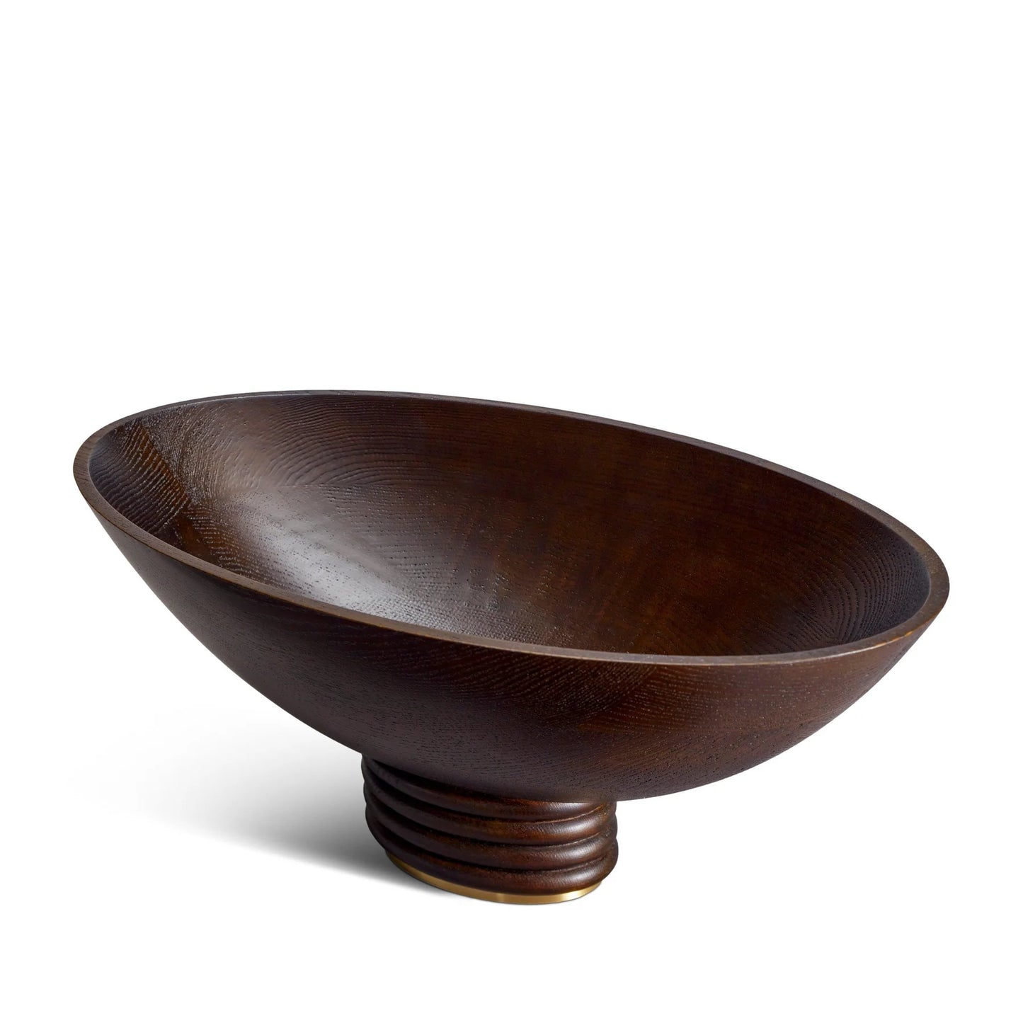 Dark brown wooden Alhambra oval bowl with ribbed pedestal base and subtle golden accent at the bottom