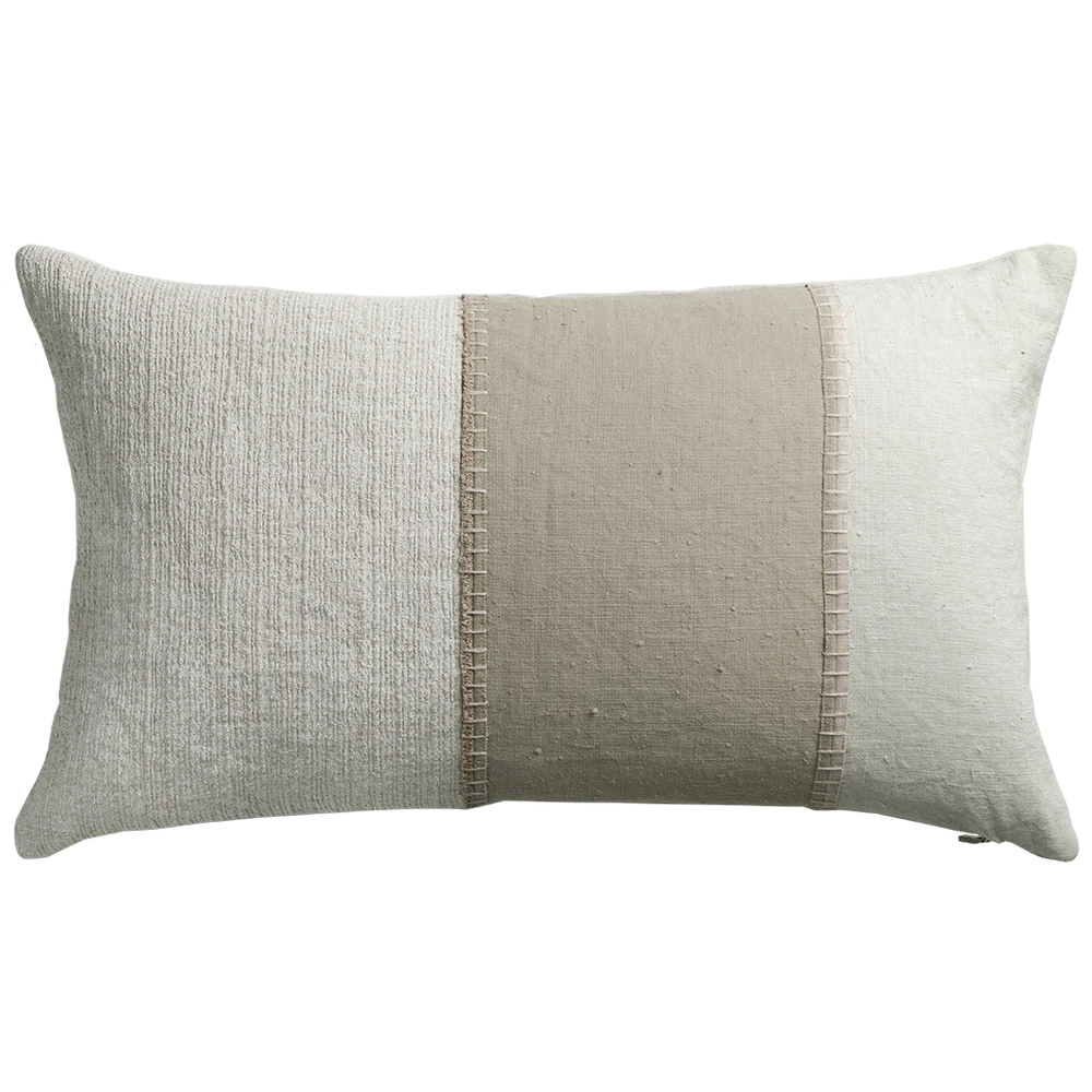 Rectangular painted linen panel pillow with textured off-white fabric and subtle vertical stitching details