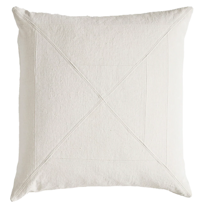 Cream-colored vintage canvas panelled pillow with textured fabric and subtle geometric x stitching pattern
