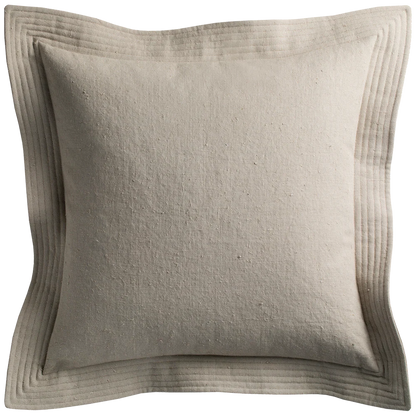 Beige linen quilted edge pillow with subtle texture and stitched layered border detailing in cement color