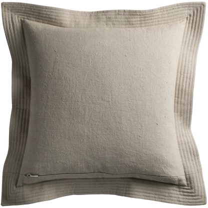 Beige linen quilted edge pillow with subtle texture and stitched border detailing in cement color