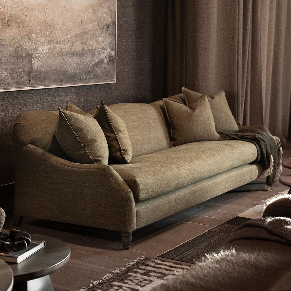 Custom order Gwyneth sofa a plush olive green upholstered sofa with classic design and wooden legs