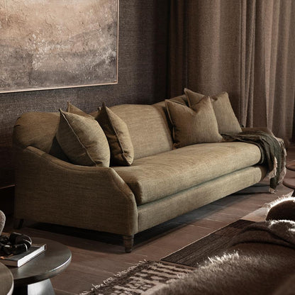 Custom order Gwyneth sofa a plush olive green upholstered sofa with classic design and wooden legs