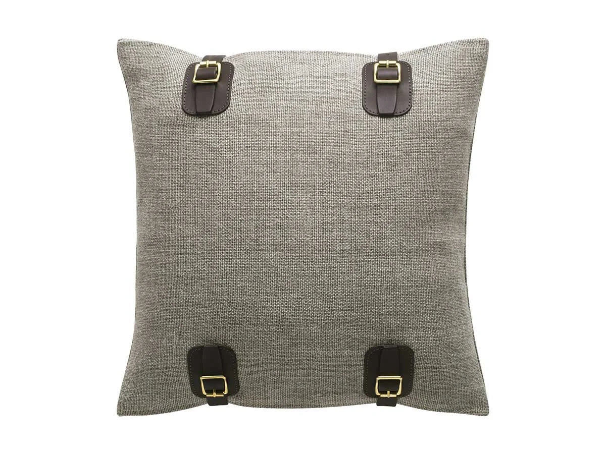 Gray buckle pillow bay with textured cushion dark brown leather straps and gold-tone buckles for home decor