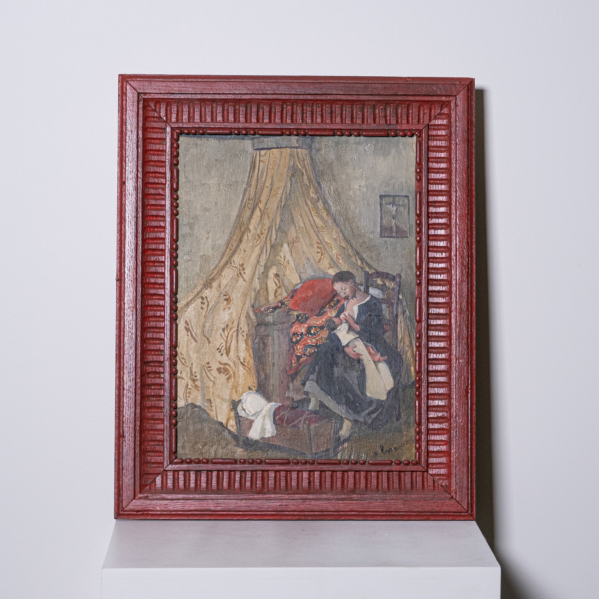 A vintage-style red wooden frame with ribbed texture encases a 19th century oil painting of a woman under a canopy