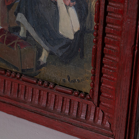 Red carved wooden picture frame with beaded detailing for 19th century oil painting woman and child