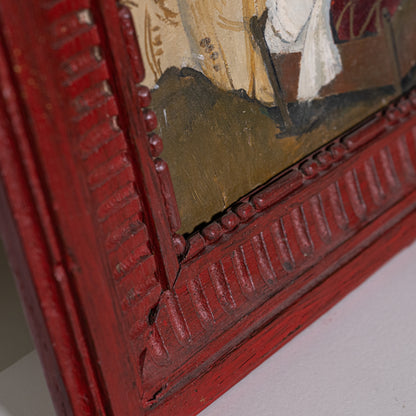 Vibrant red carved wooden picture frame with intricate bead and reeded detailing for 19th century oil painting woman and child