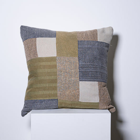 Mosaic pillow square patchwork cushion with textured earth-toned quilt in olive green gray beige and tan fabric