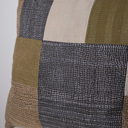 Mosaic pillow patchwork cushion with textured woven fabric in olive green beige and dark gray earthy tones