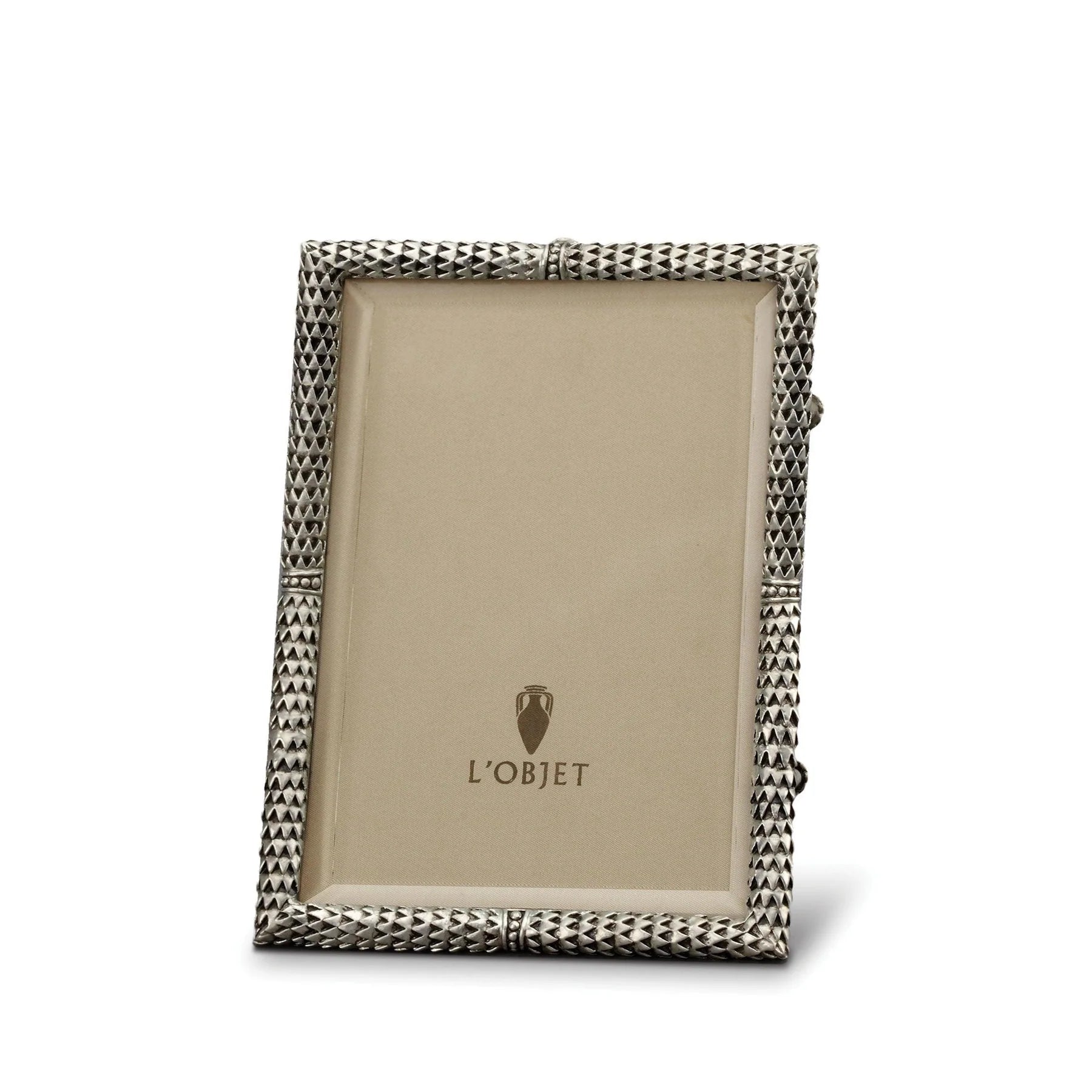 Silver-toned platinum scales frame 4x6 with textured diamond-patterned border showing embossed l objet logo on back
