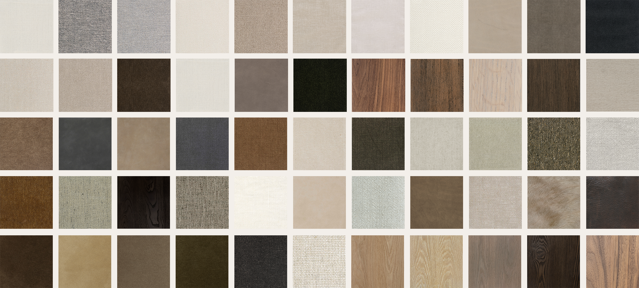 A grid of square swatches showcasing various textured and colored surfaces, including wood grain patterns in natural tones like light oak and dark walnut, as well as solid colors ranging from beige to charcoal.