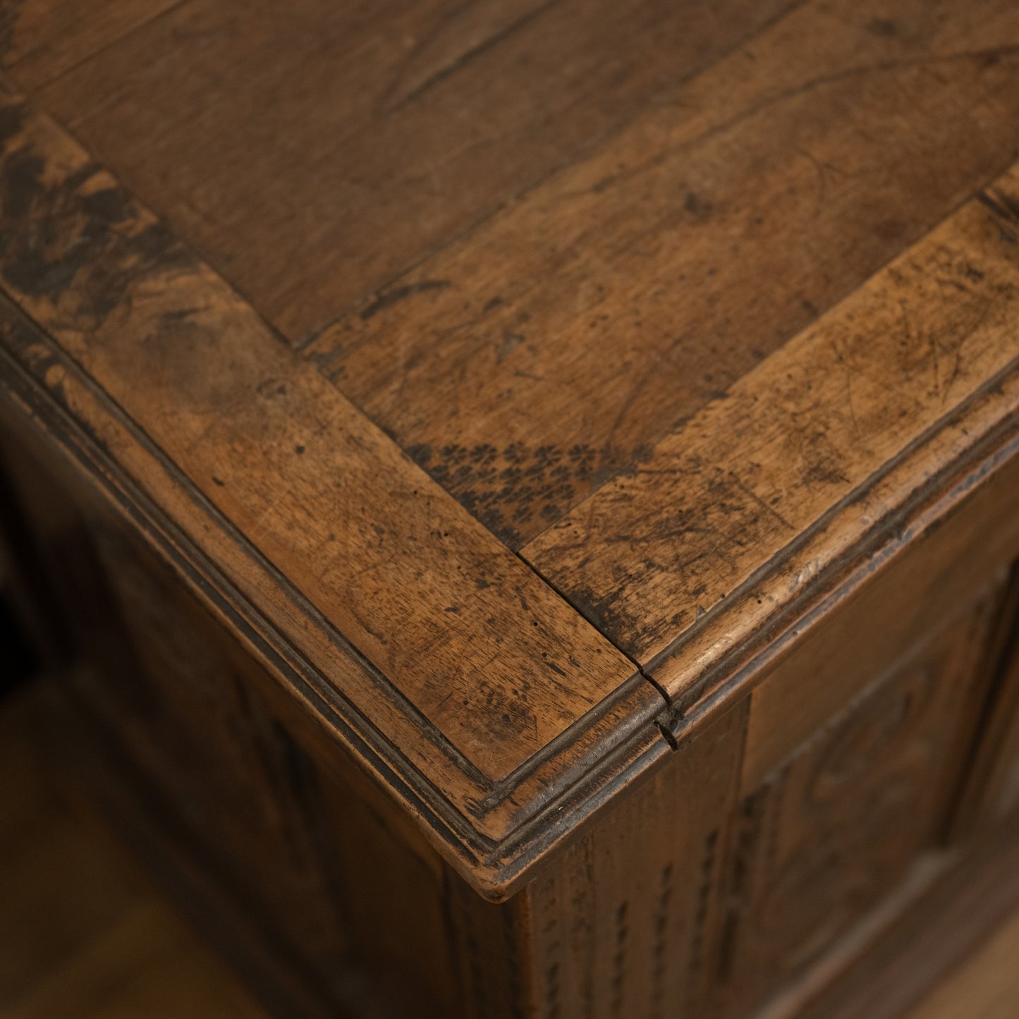 19th century French carved mountain chest antique wooden chest with rich weathered brown finish and visible grain patterns