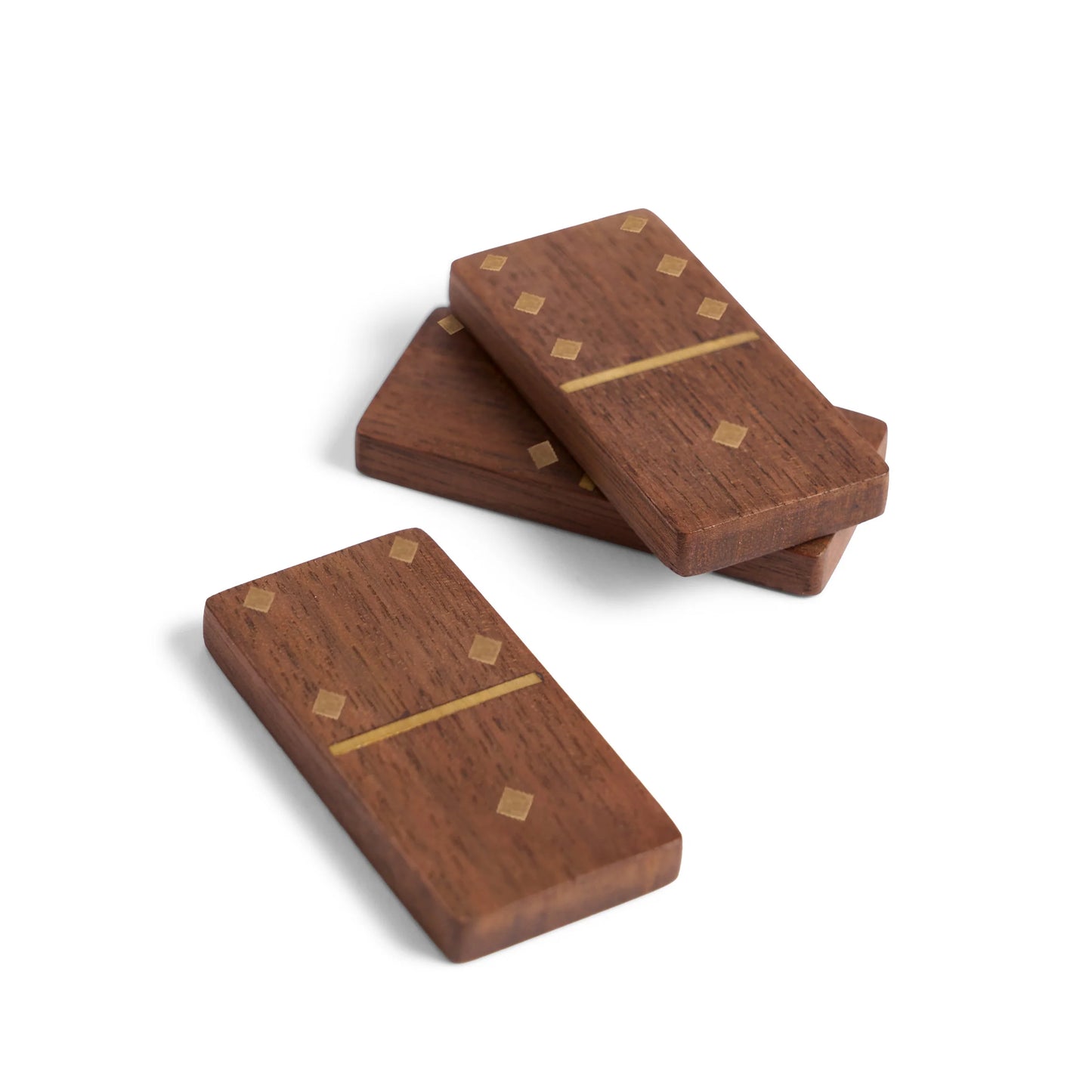 Fortuny dominoes set with rich brown wooden tiles featuring gold inlaid dots and a central line design