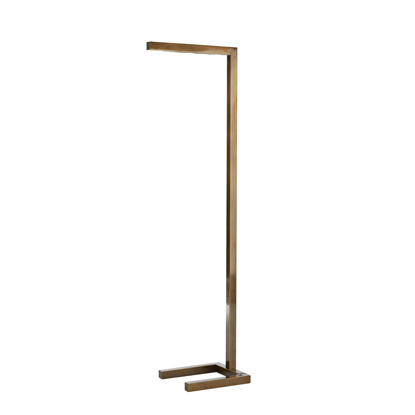 Maya floor lamp with modern brass finish and sleek minimalist geometric design featuring a rectangular light fixture
